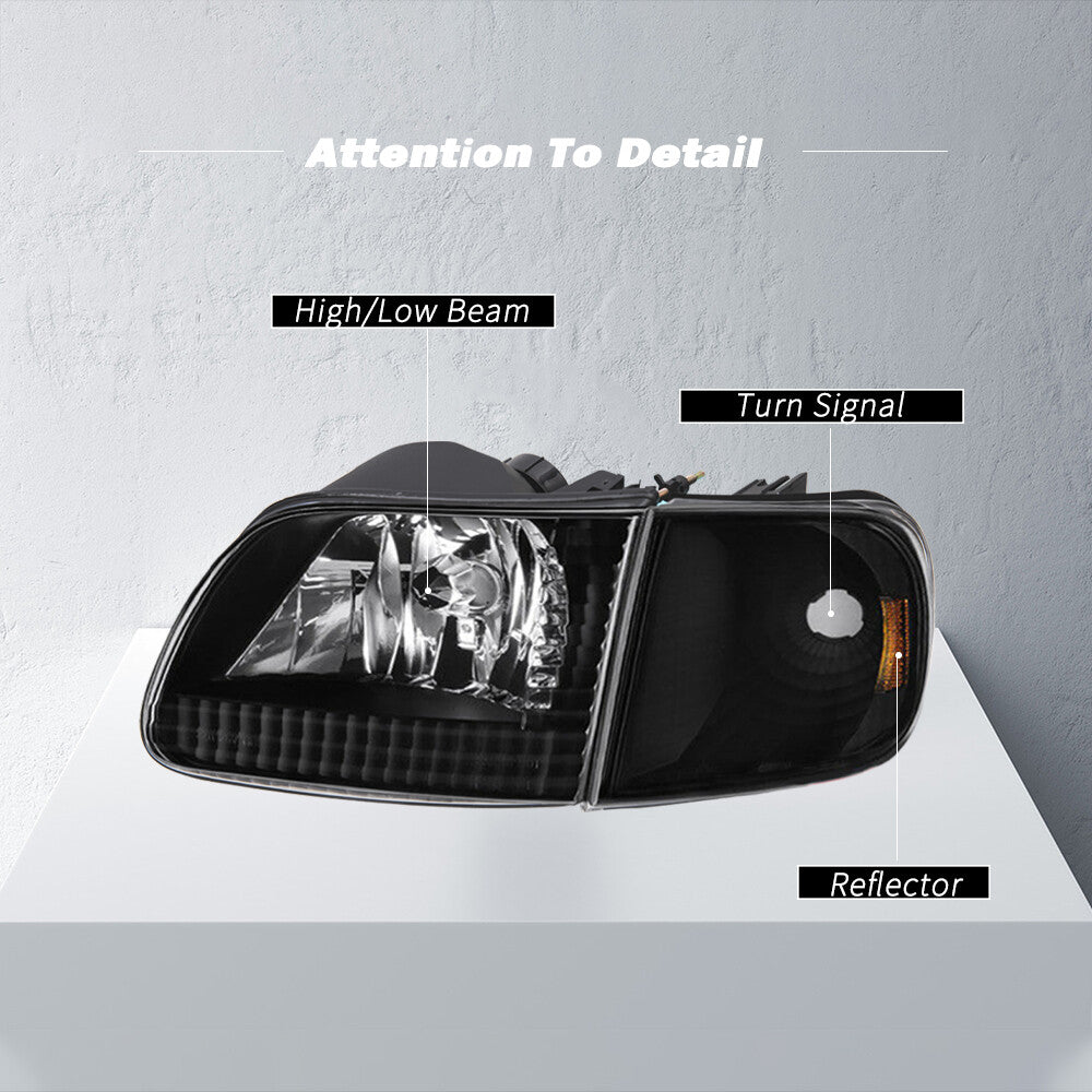 For 1997-2003 Ford F150 Expedition Black Headlights+Corner Signal Lamps W/Bulbs