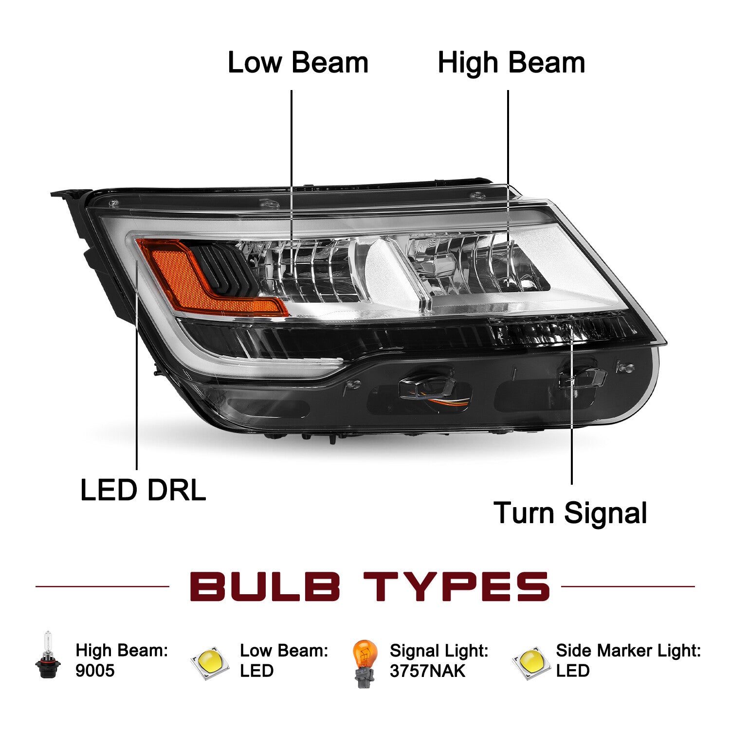 Chrome Passenger Headlight For 2016-2019 Ford Explorer Limited/XLT/Plati LED DRL