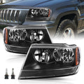 Pair Headlights For 1999-2004 Jeep Grand Cherokee Black Headlamps with Bulbs