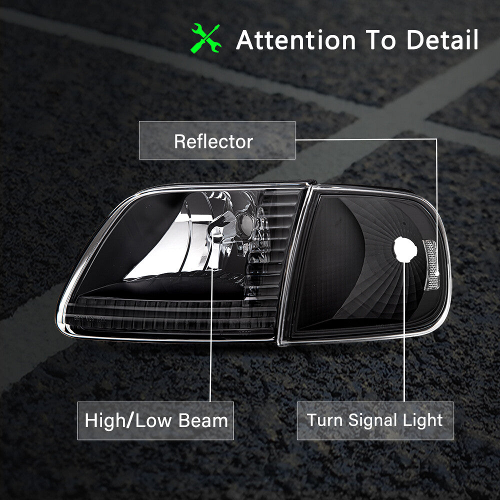 For 1997-2003 Ford F150 97-02 Expedition Black Headlights Headlamps Assembly Set