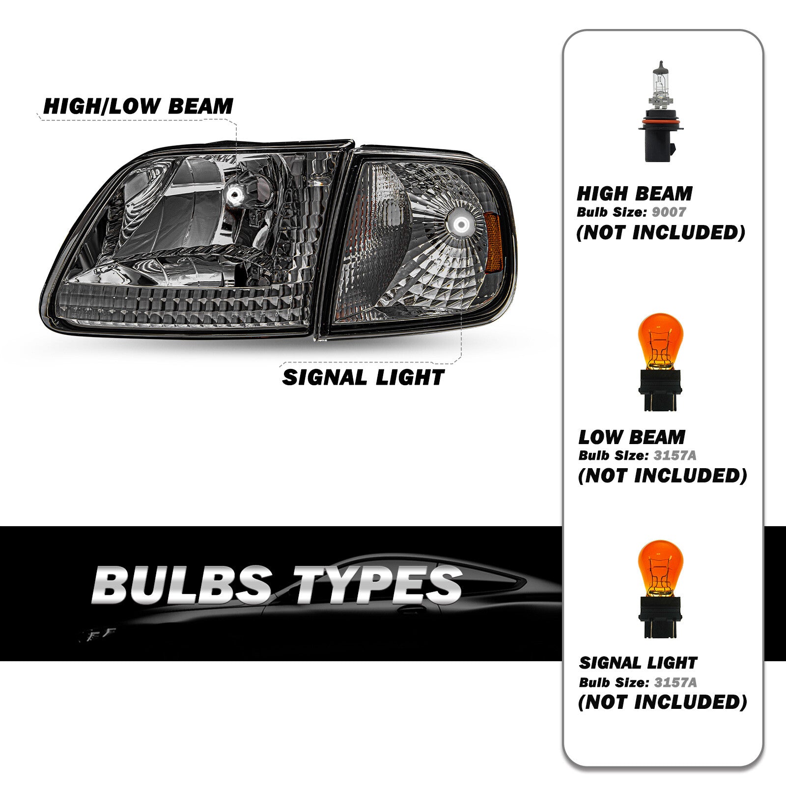 For 97-02 Expedition Ford 97-03 F150 Smoke Housing Amber Corner 4Pcs Headlights