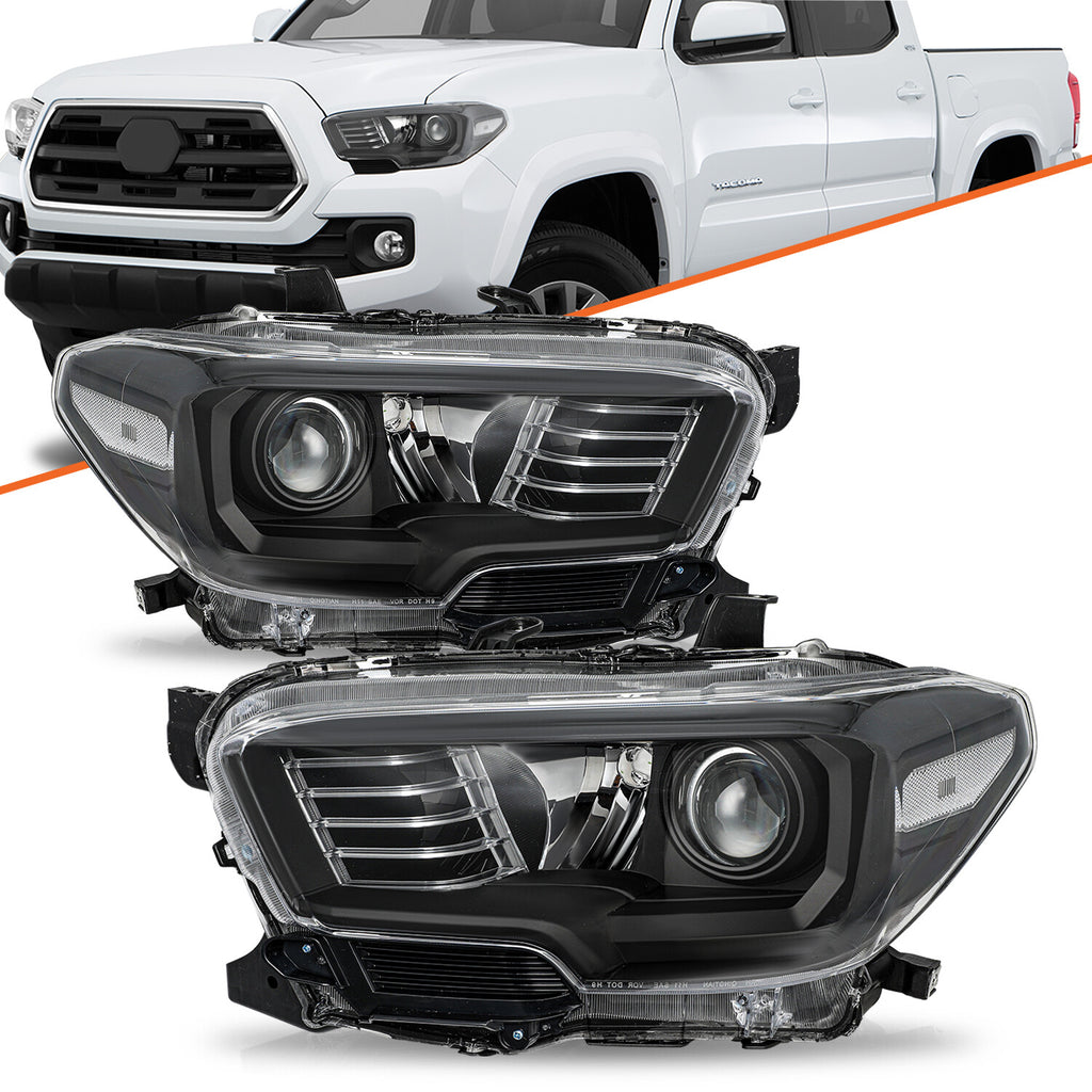 For 2016-2022 Toyota Tacoma Halogen W/O LED DRL Headlights Black Headlamps Pair