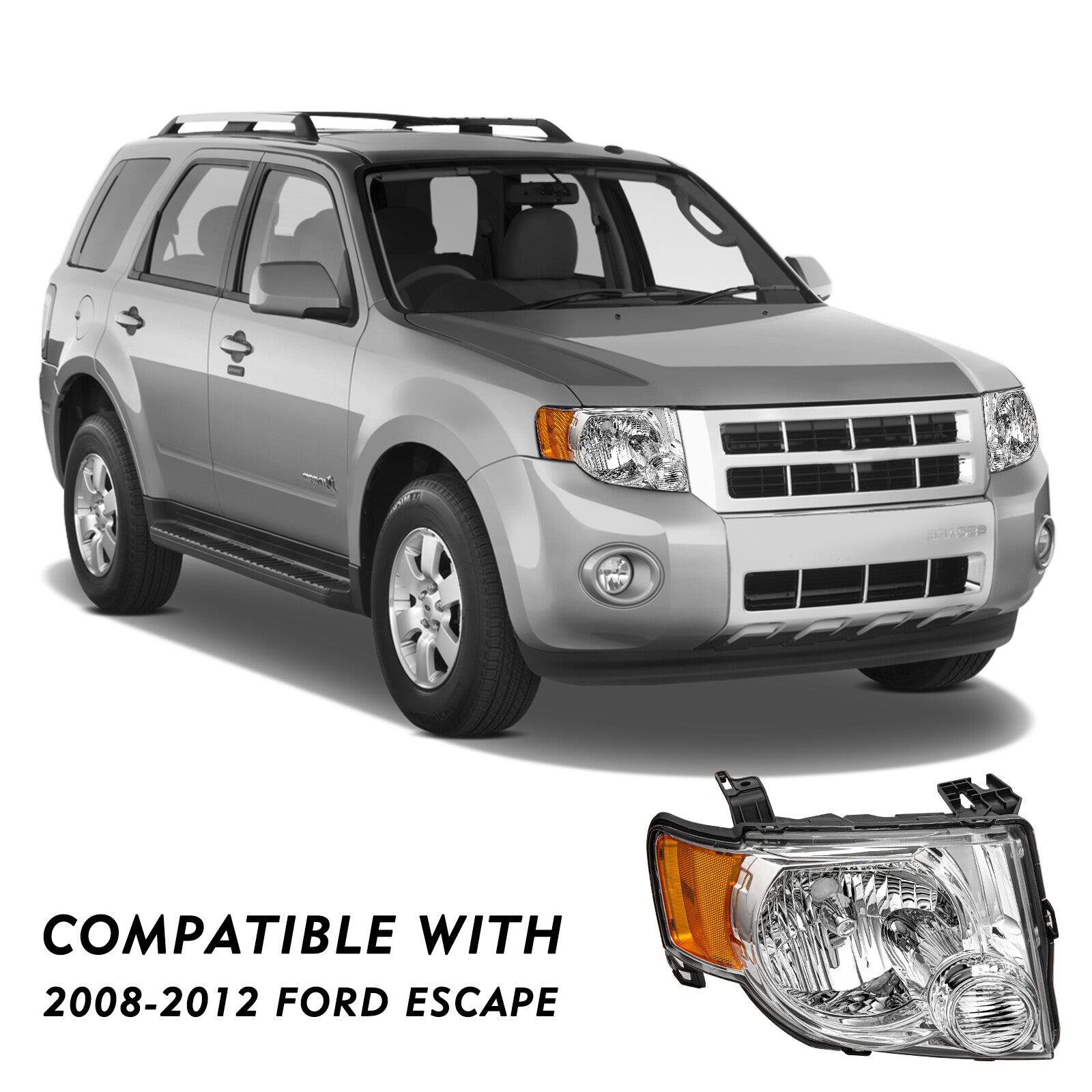 For 2008 2009 2010 2011 2012 Ford Escape SUV Chrome Passenger Right Headlight