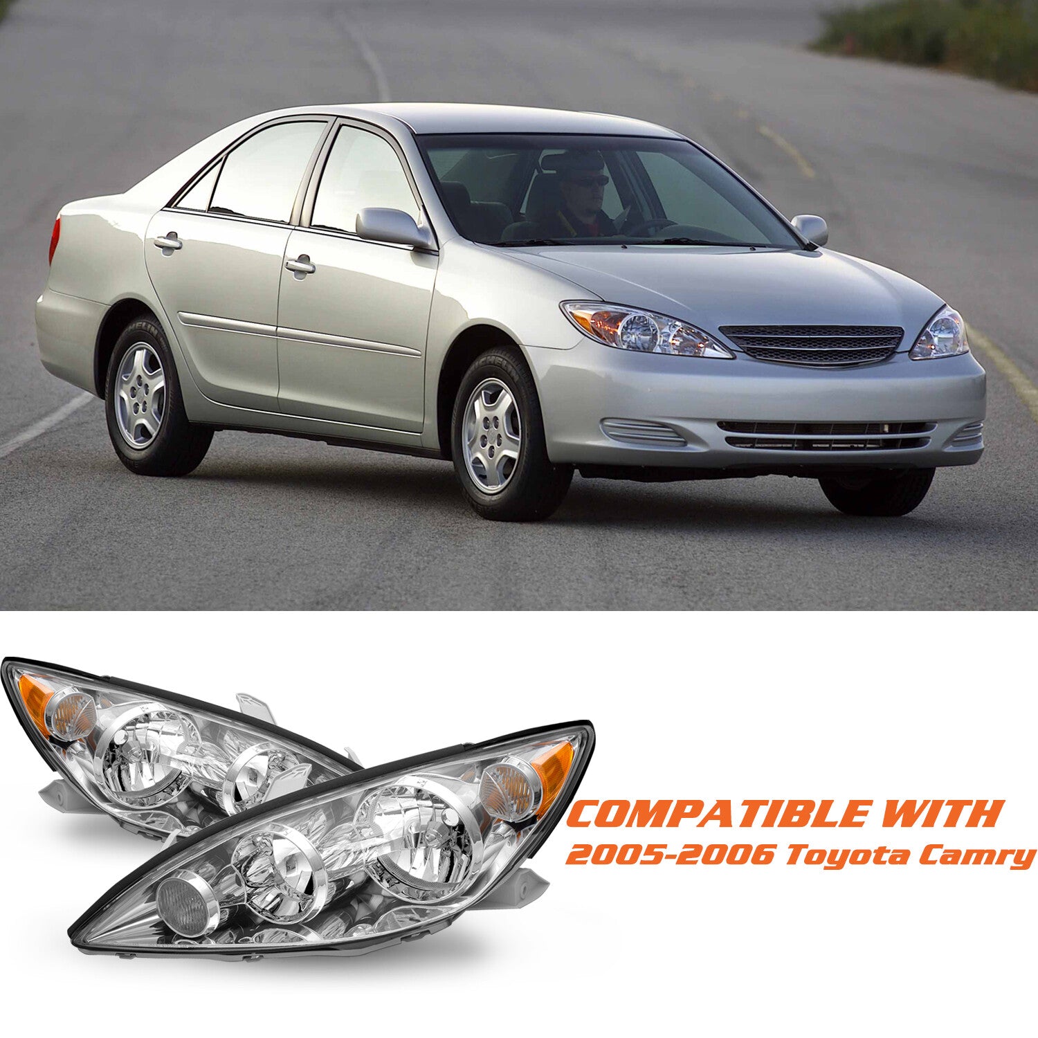 For 2005-2006 Toyota Camry Assembly Headlight Chrome Amber Headlamps 05-06 Pairs