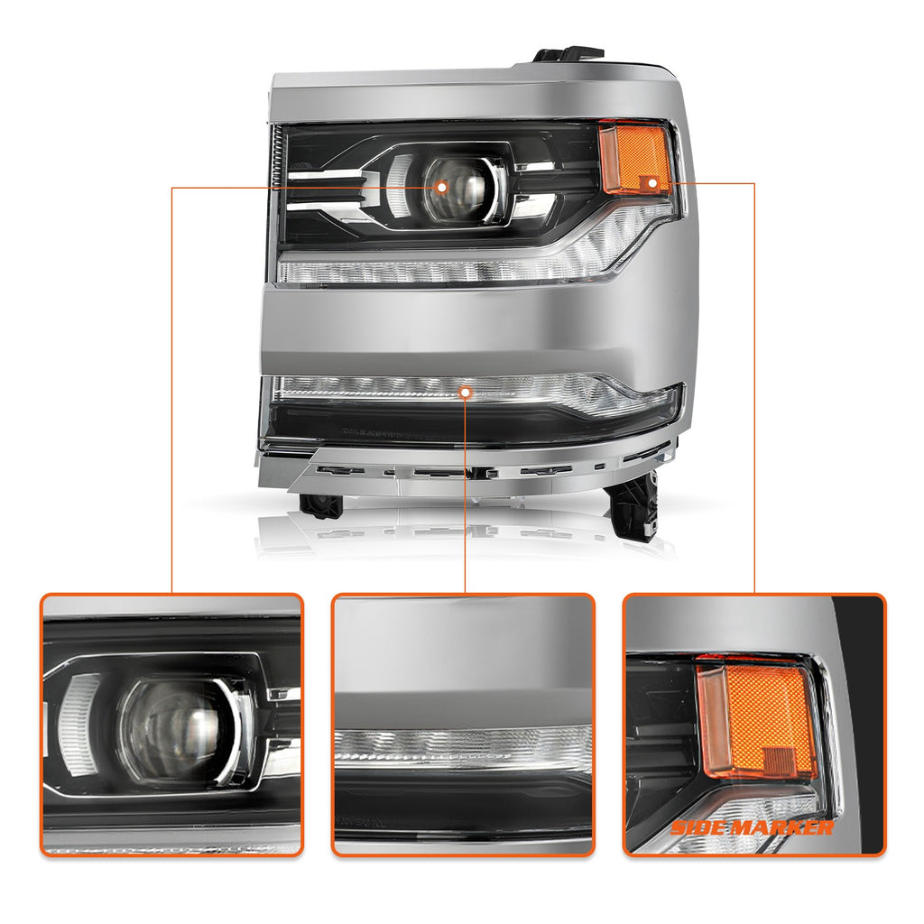 【FULL LED】Chrome Projector Headlights For 2016-2018 Chevy Silverado 1500 LH&RH