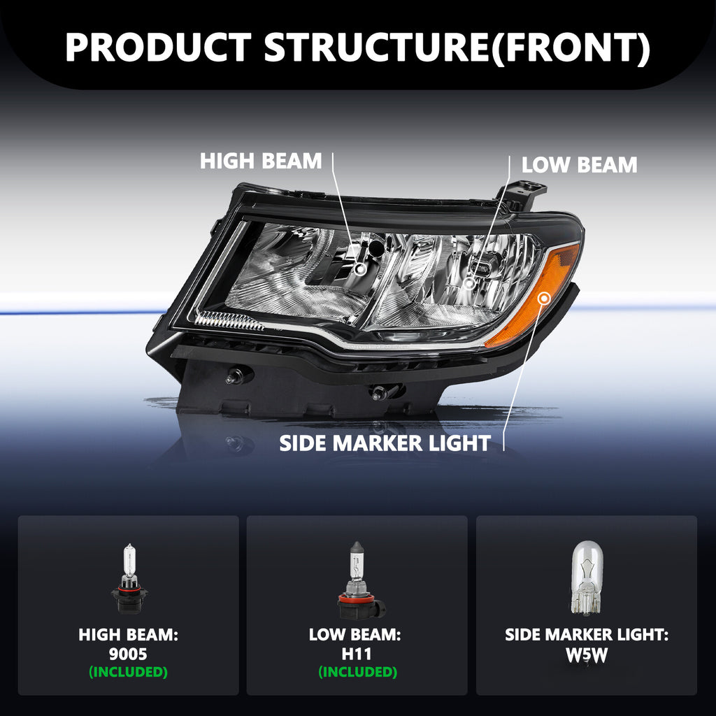 Fits 2017-2021 Jeep Compass Driver and Passenger Halogen Headlight L+R w/Bulbs