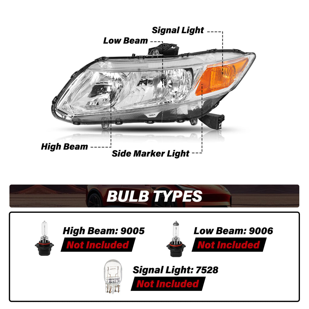 For 2012-2015 Honda Civic Sedan 12-13 Coupe Chrome Amber Headlights Pair