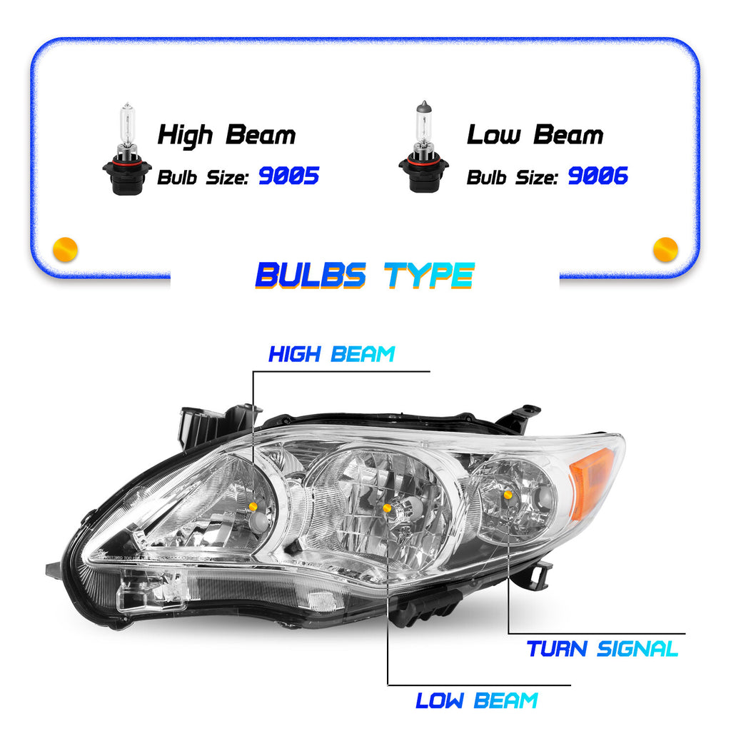 For 2011 2012 2013 Toyota Corolla Chrome Headlights Amber Corner Headlamps Pair