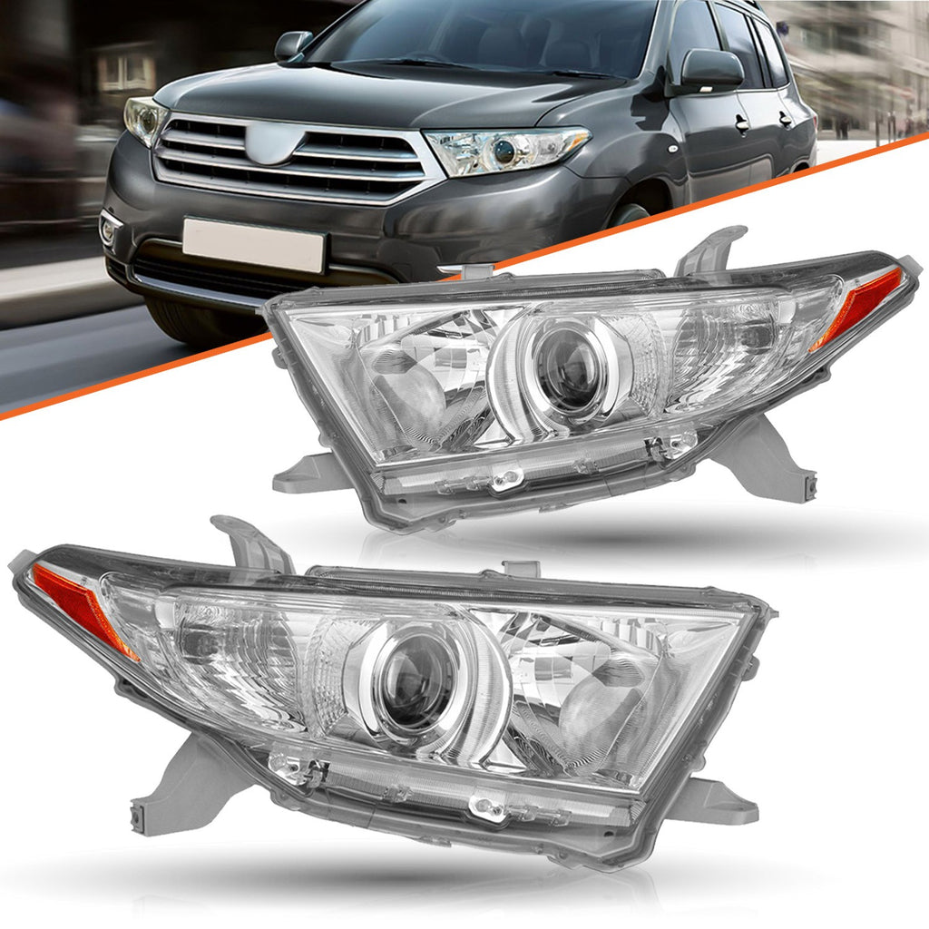 For 2011-2013 Toyota Highlander Chrome Headlights Amber Corner Left+Right Lamps