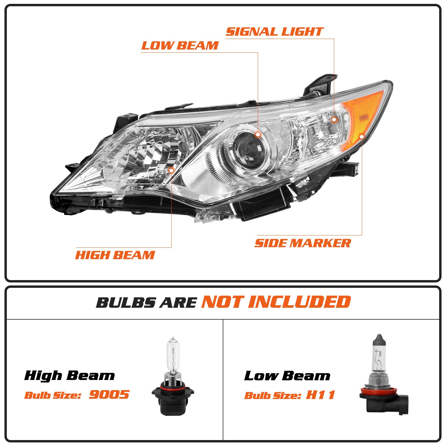 For 2012 2013 2014 Toyota Camry Projector Chrome Headlights Amber Headlamps L+R