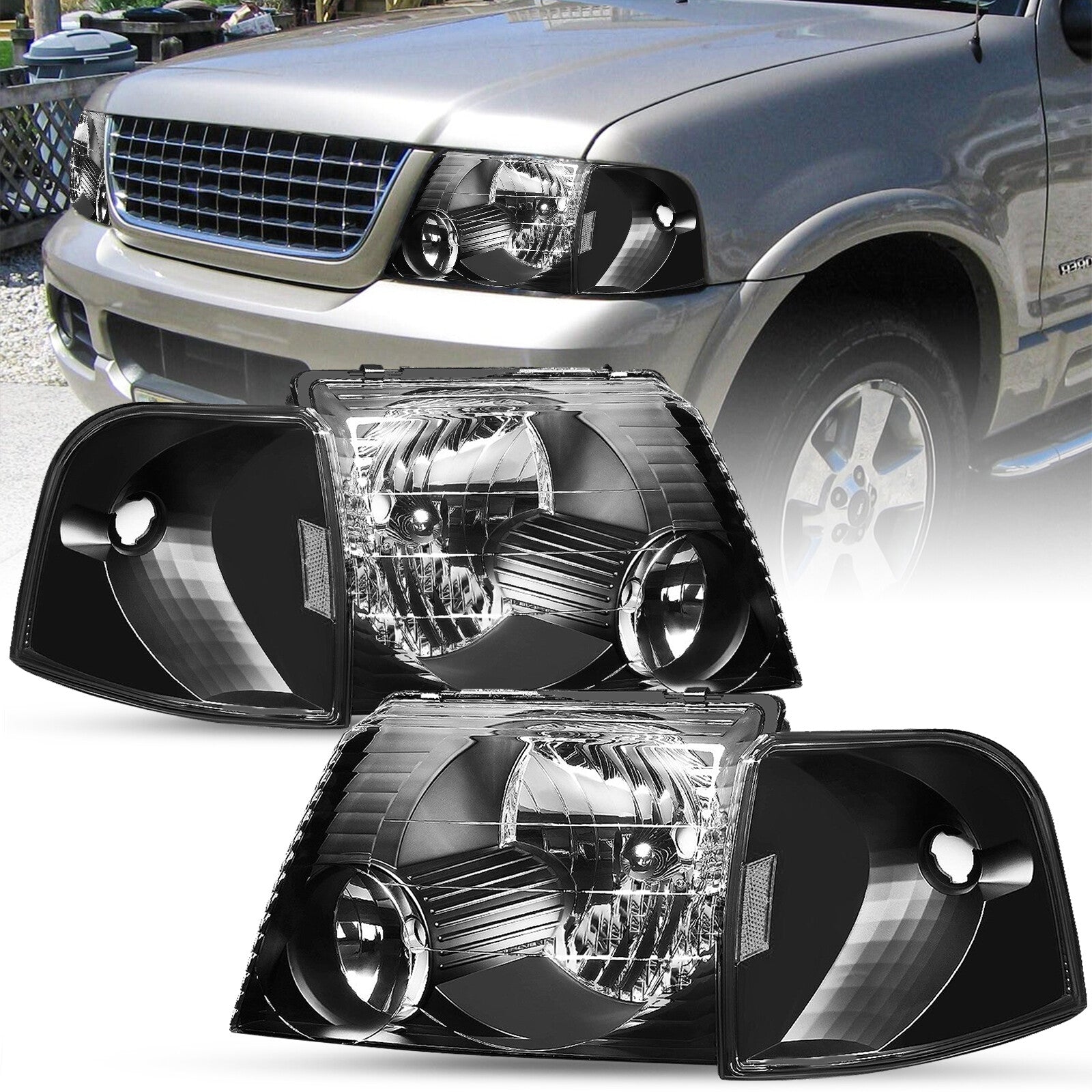 Black Headlights+Corner Signal Lights L+R For 2002 2003 2004 2005 Ford Explorer