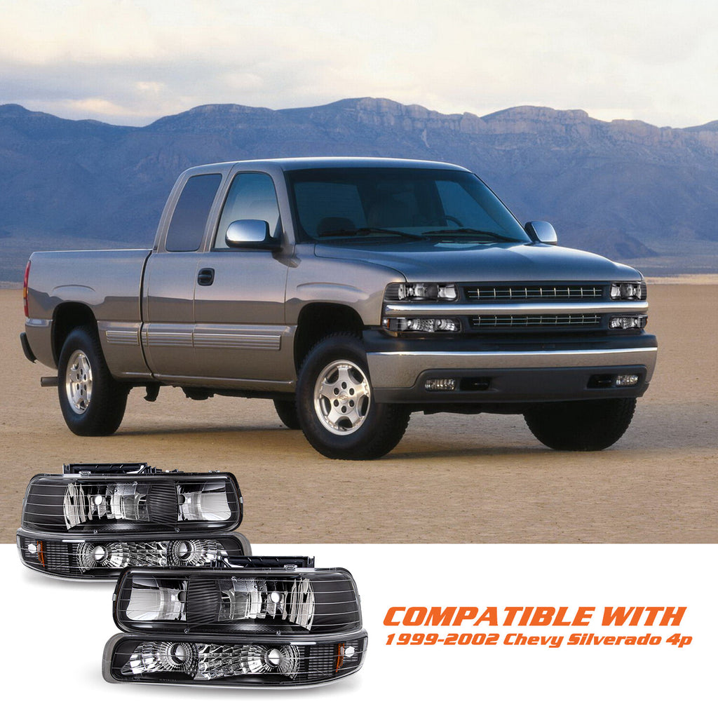 For 1999-2002 Chevy Silverado/00-06 Tahoe Suburban Black Headlights&Bumper Lamps