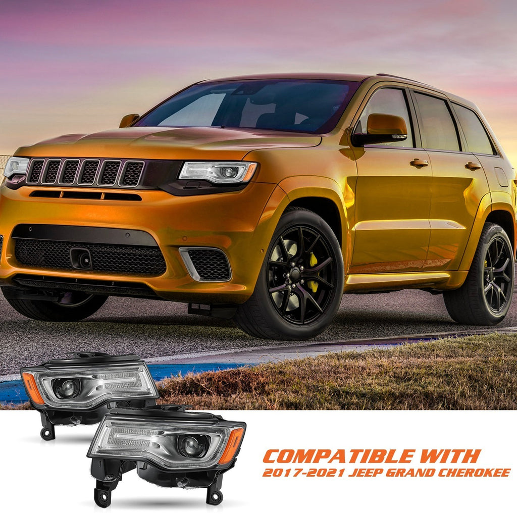 HID Headlights Pair For 2017-2021 Jeep Grand Cherokee Chrome W/ Bulbs LH+RH