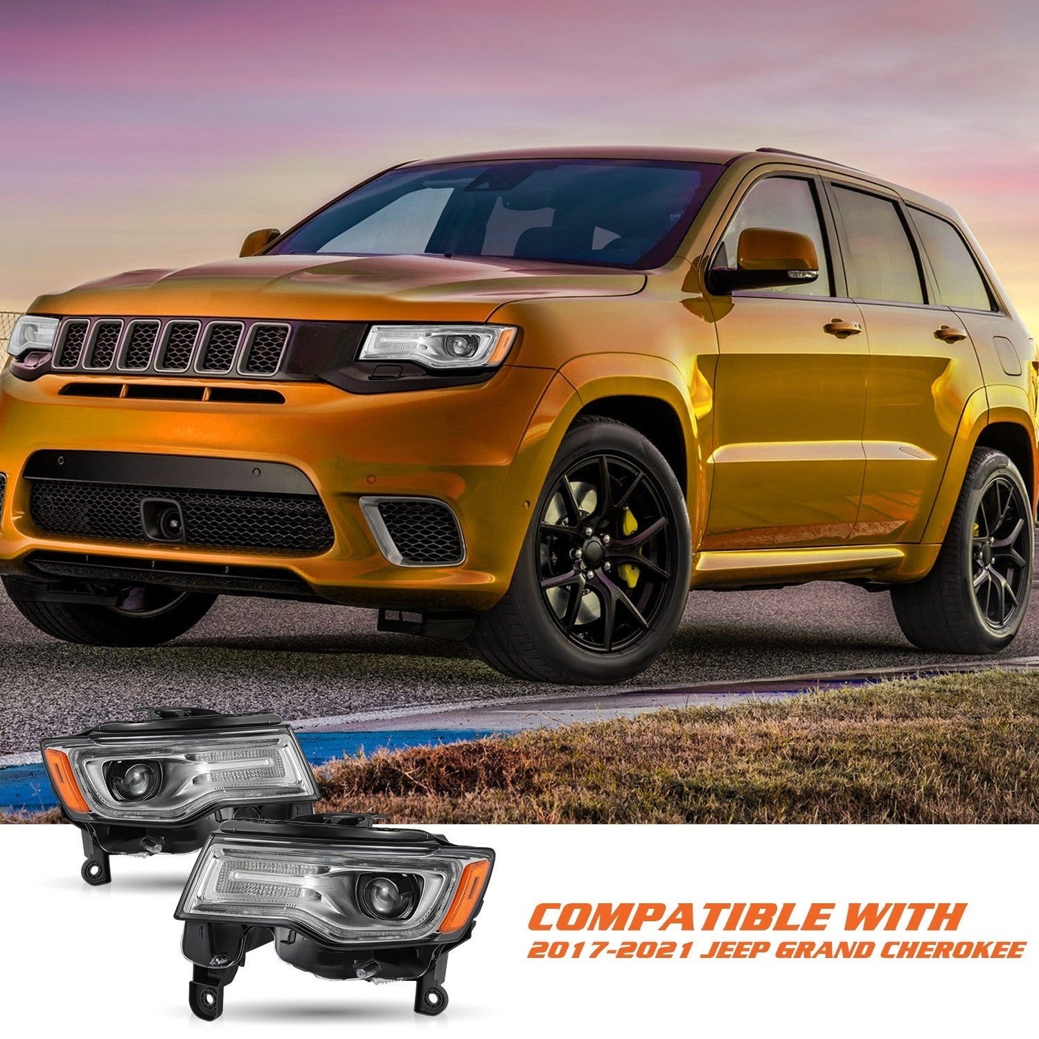 HID Headlights Pair For 2017-2021 Jeep Grand Cherokee Chrome W/ Bulbs LH+RH