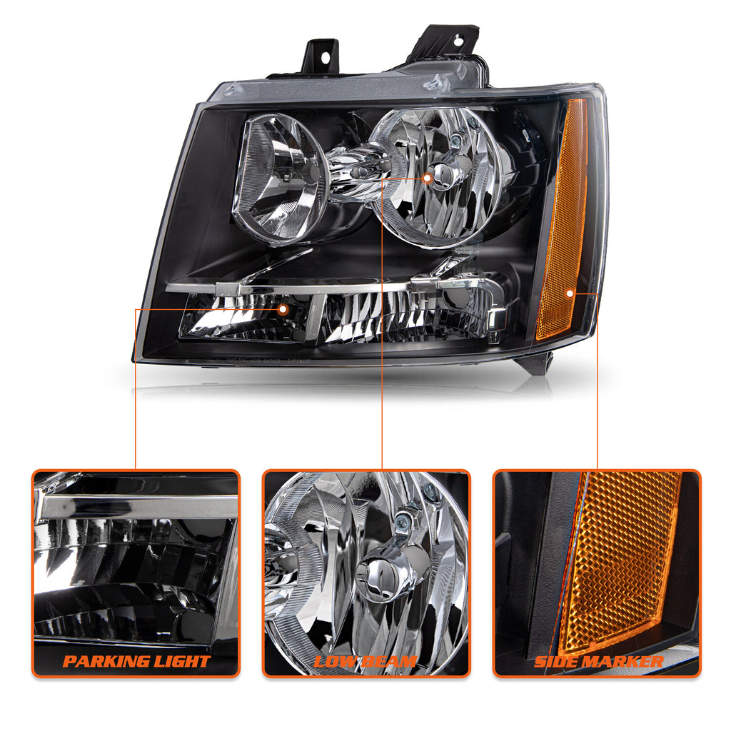 Halogen Headlights For 2007-2014 Chevy Avalanche Suburban Tahoe Black Headlamps
