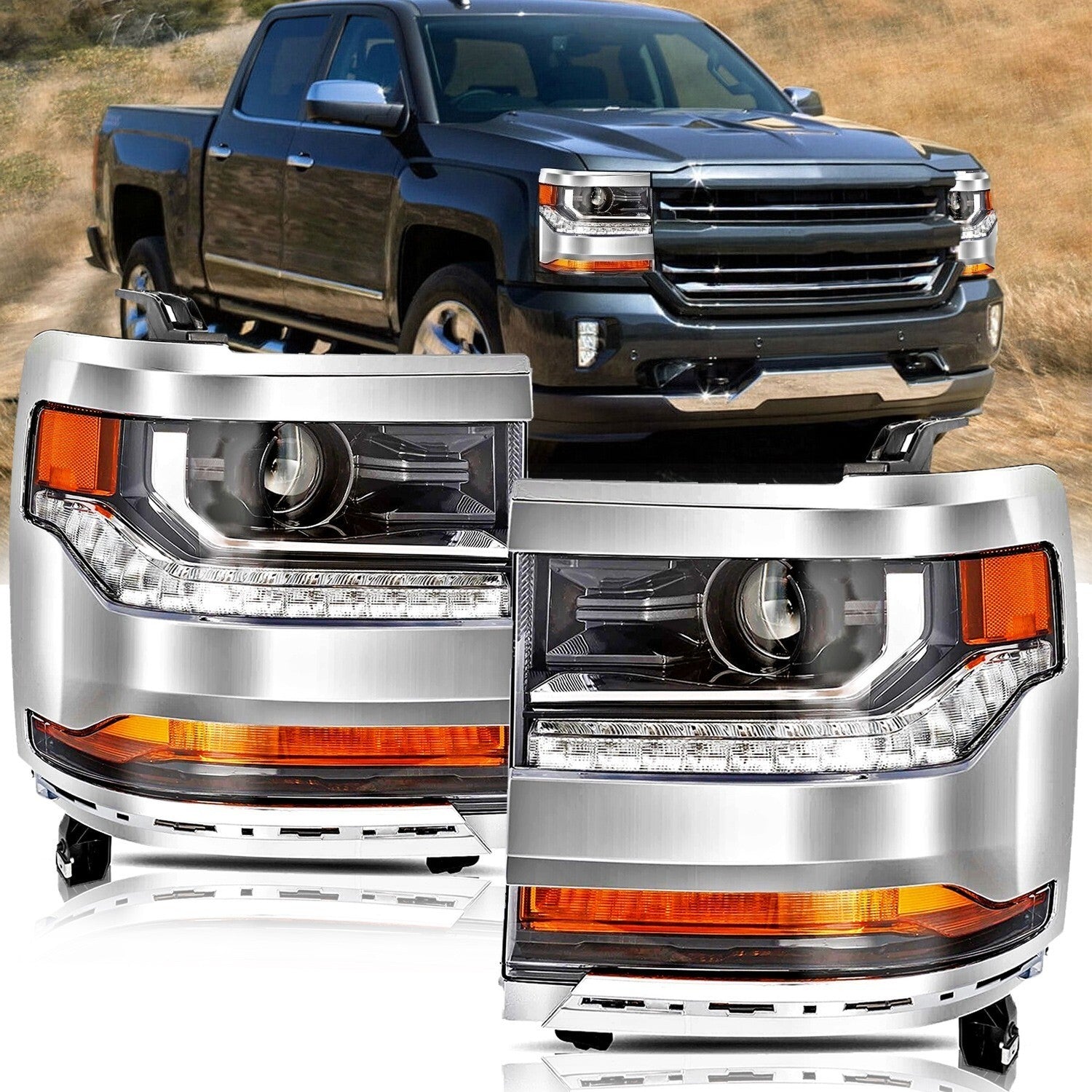 Chrome Headlights For 2016-2018 Chevy Silverado 1500 HID/Xenon Headlamps LH&RH