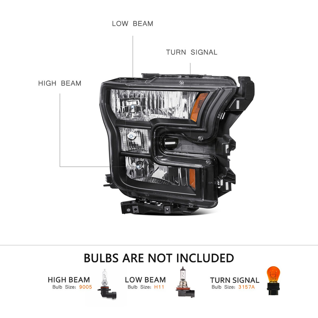 FOR 15-2017 FORD F150 BLACK AMBER CORNER HEADLIGHT REPLACEMENT HEAD LAMPS