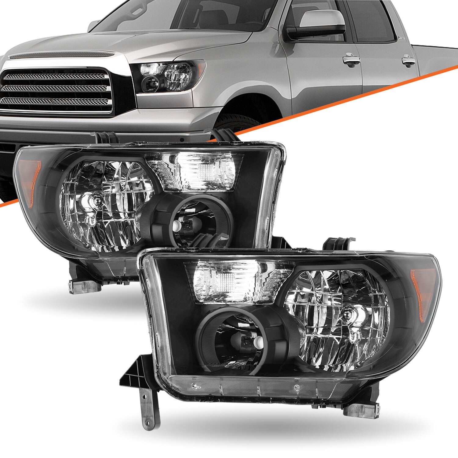 Halogen Black Amber Headlights for 2007-2013 Toyota Tundra&2008-17 Sequoia LH+RH