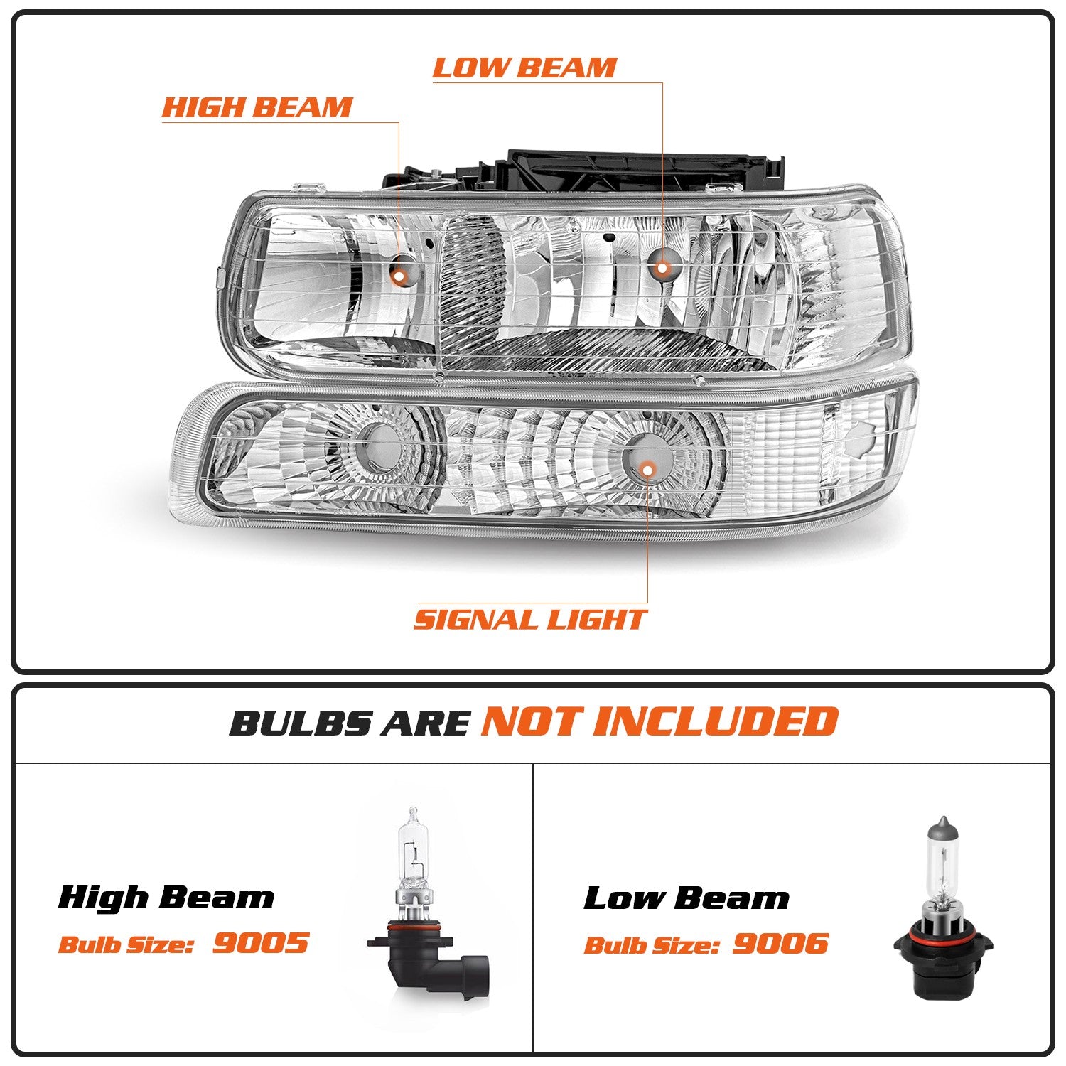 Chrome Headlights For 99-02 Chevy Silverado 00-06 Suburban Tahoe Bumper Lamps