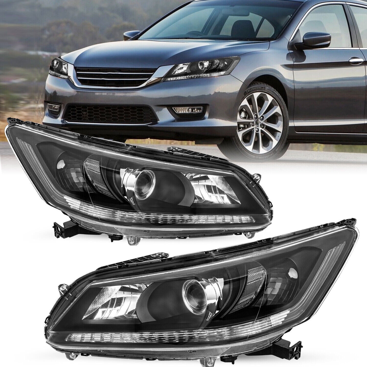 Black Halogen Headlights LH+RH For 2013-2015 Honda Accord Sedan 4Door w/o DRL