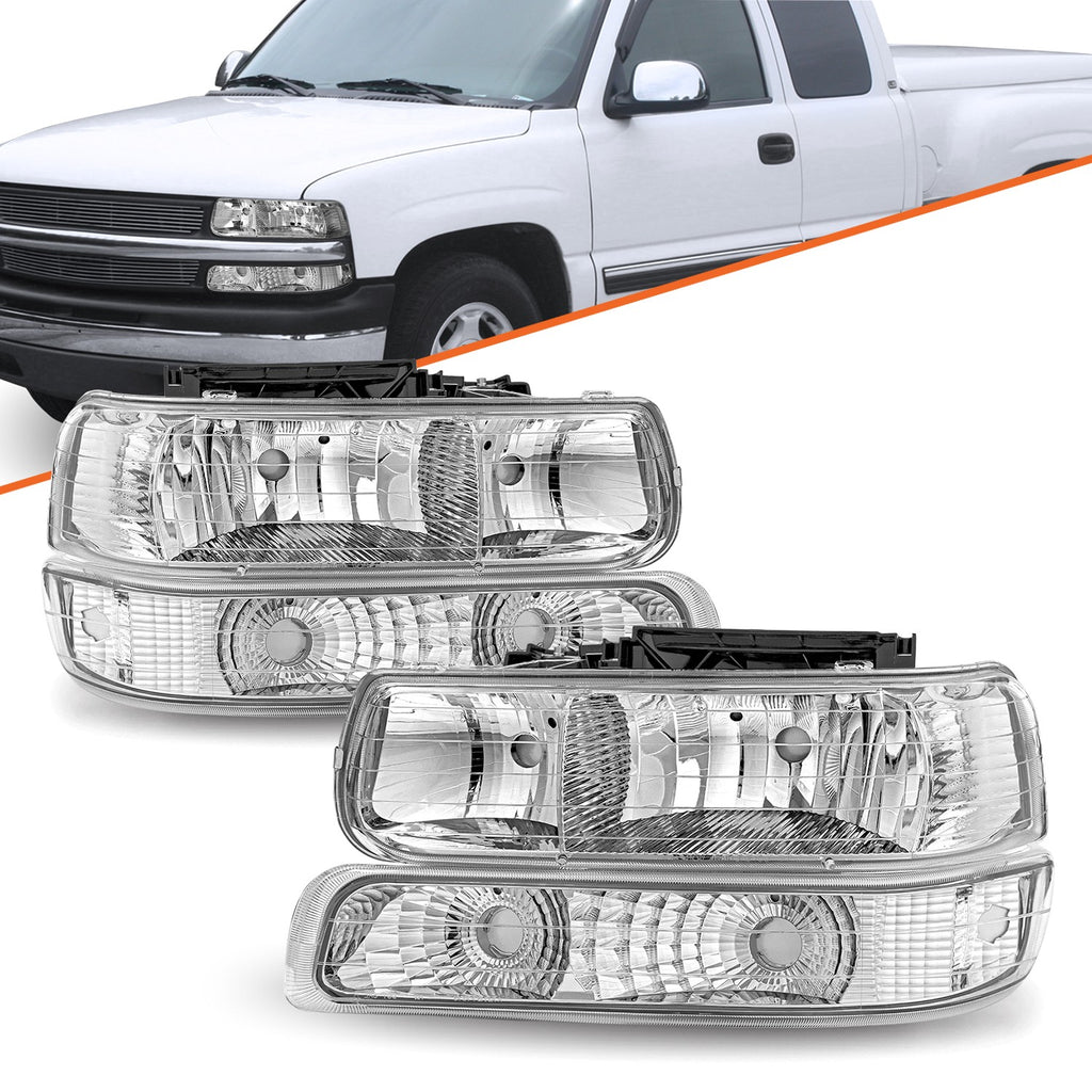 Chrome Headlights For 99-02 Chevy Silverado 00-06 Suburban Tahoe Bumper Lamps