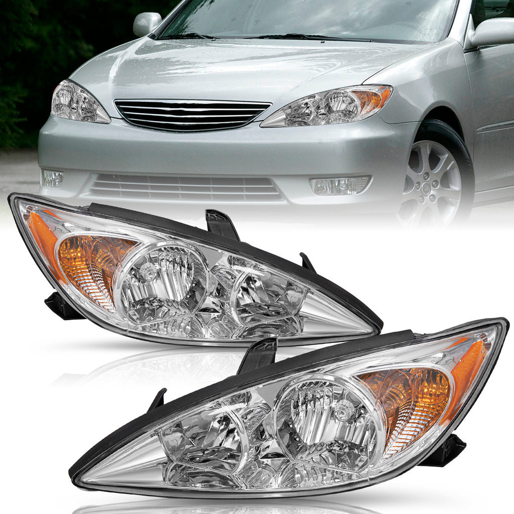 Headlights For 2002 2003 2004 Toyota Camry 4Dr Chrome Amber Headlamps Pairs L+R
