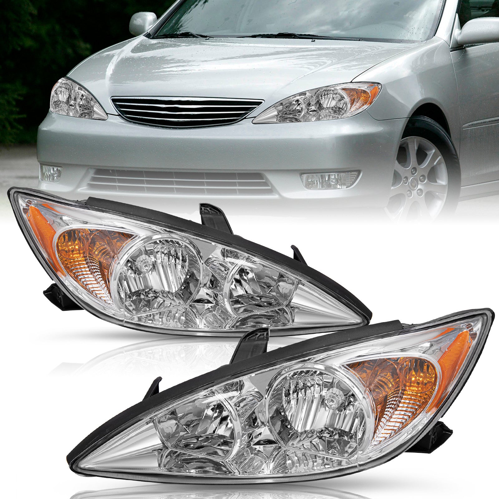 Headlights For 2002 2003 2004 Toyota Camry 4Dr Chrome Amber Headlamps Pairs L+R