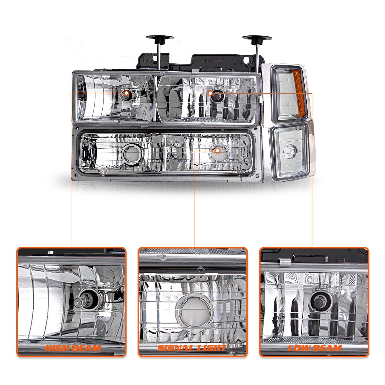 For 94-98 Chevy Silverado C10 C/K 1500 2500 3500 Chrome Headlights LH+RH w/Bulbs