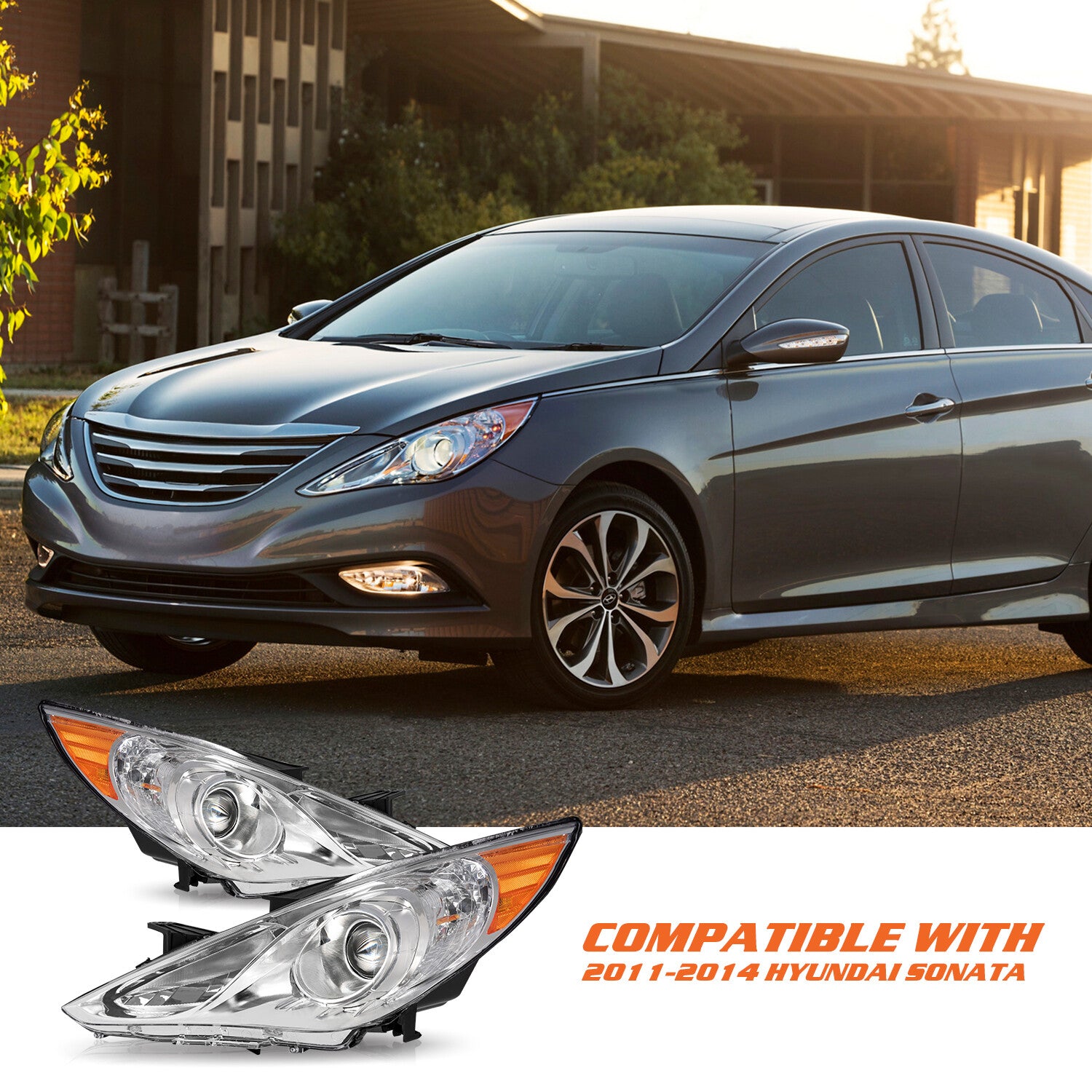 For 2011-2014 Hyundai Sonata Chrome Housing Amber Corner Headlights Headlamps