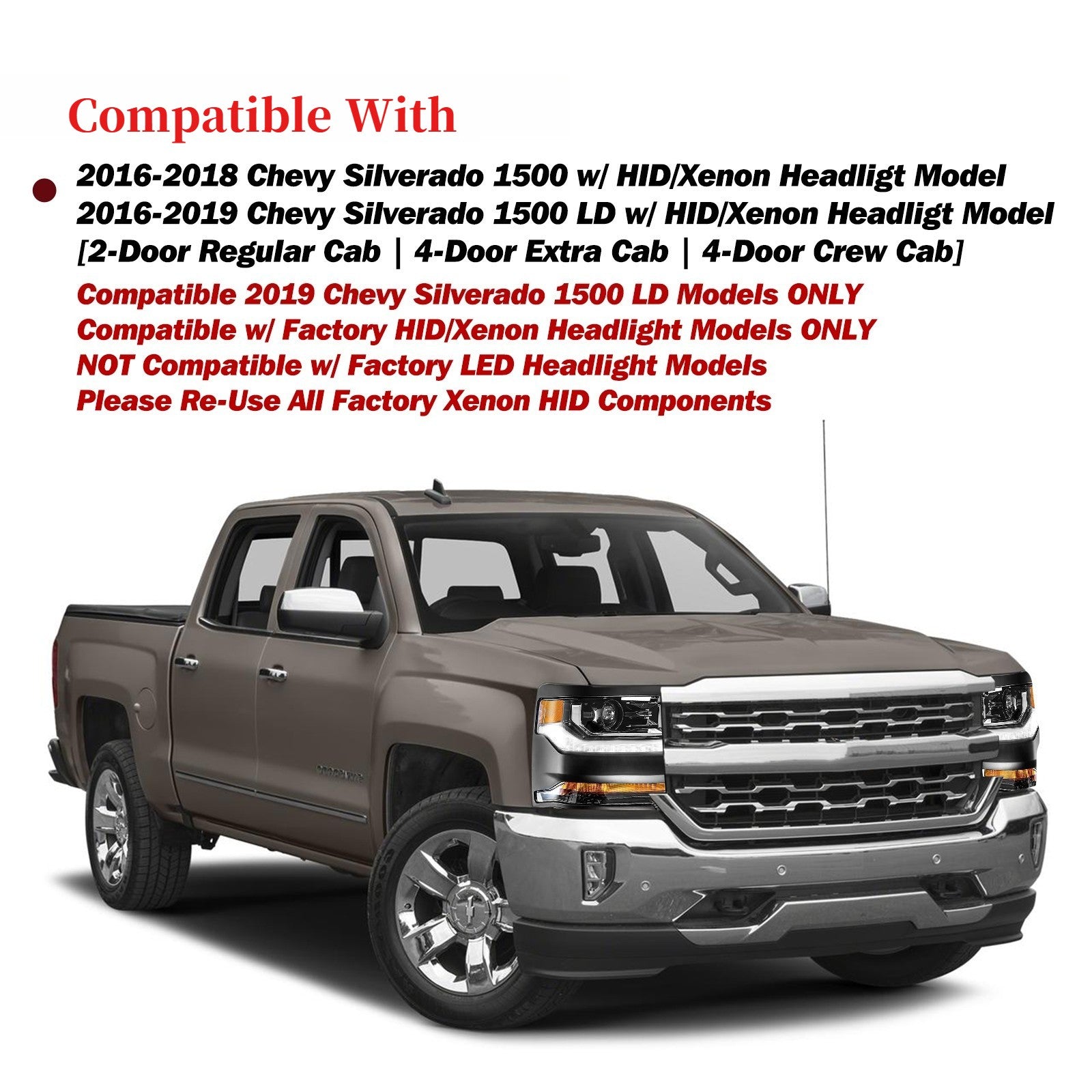 HID/Xenon Headlight For 2016-2018 Chevy Silverado 1500 Headlamp Right Side RH
