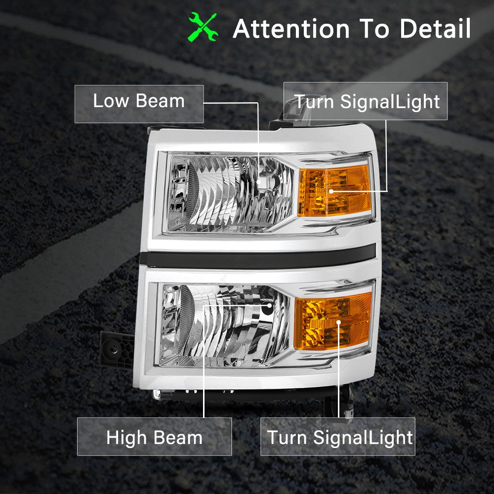 Chrome Amber Headlights For 2014-2015 Chevy Silverado 1500 Headlamp Left & Right