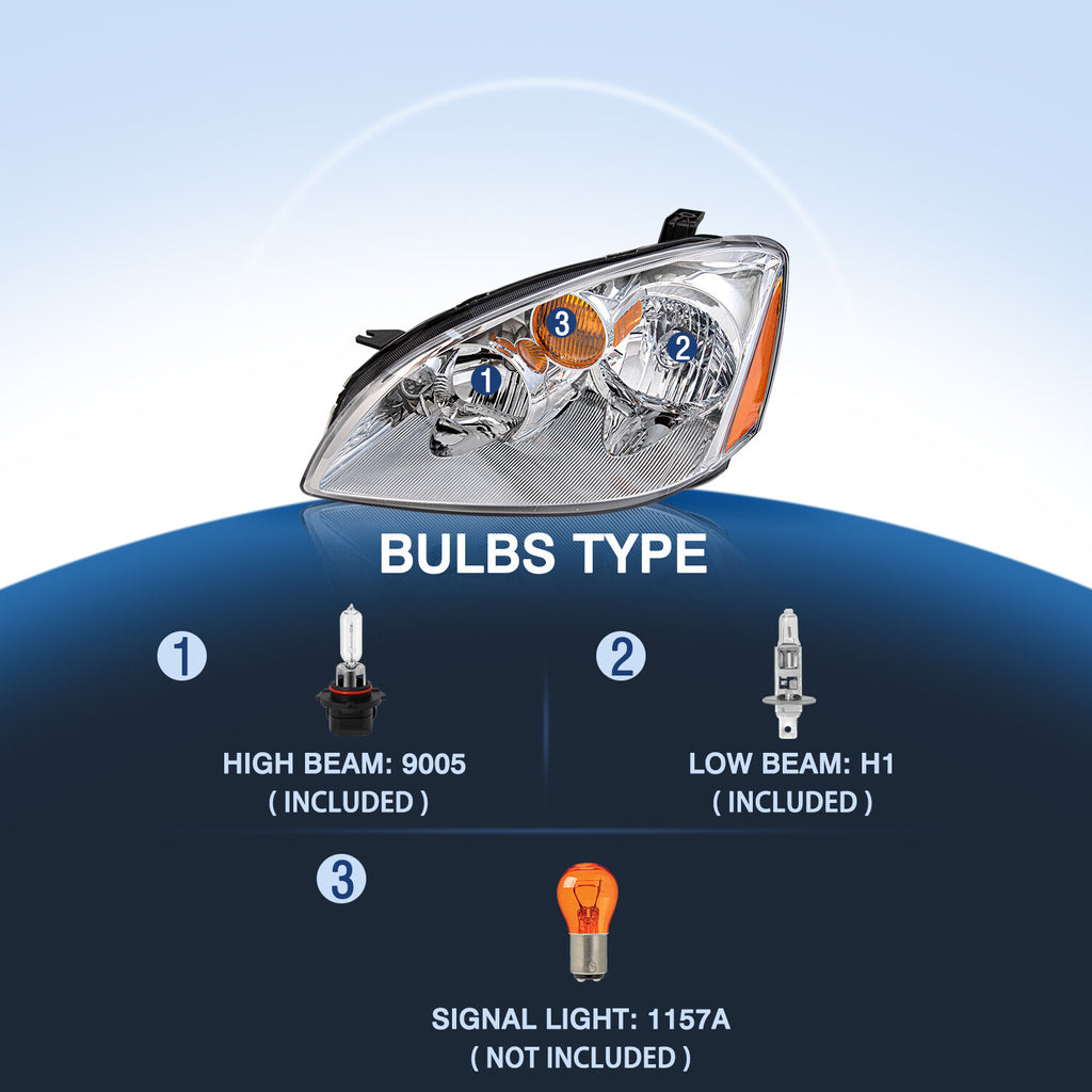 For 2002 2003 2004 Nissan Altima Sedan Halogen Headlights Headlamps w/Bulbs Pair