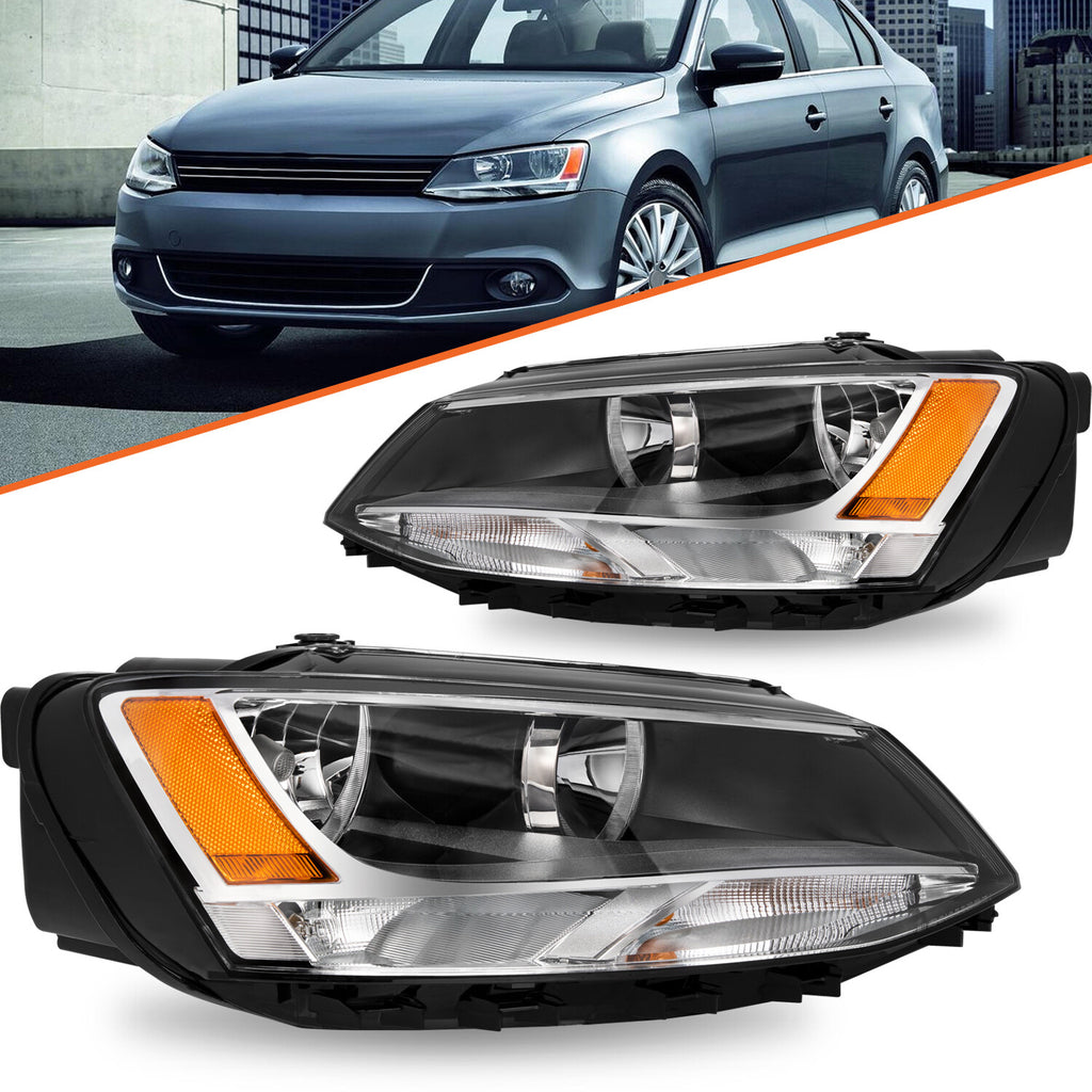 For 2011-2018 Volkswagen Jetta Chrome Amber Halogen Headlight Assembly Headlamp