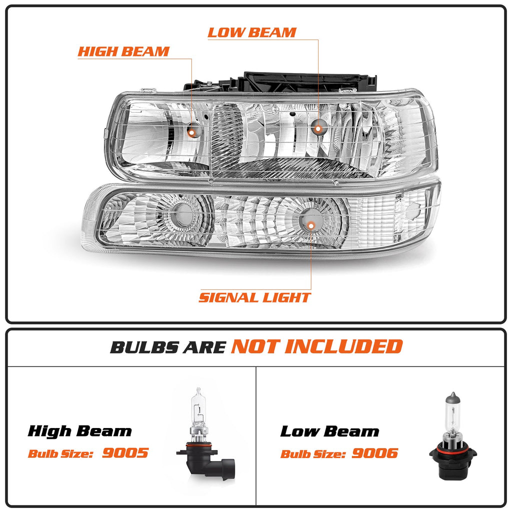 Chrome Headlights For 99-02 Chevy Silverado 00-06 Suburban Tahoe Bumper Lamps