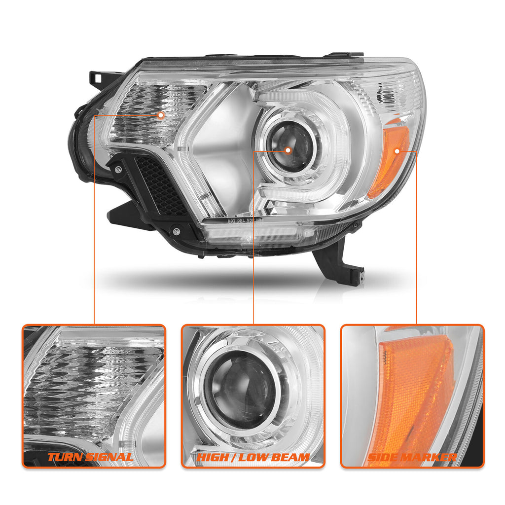 For 2012-2015 Toyota Tacoma LED DRL Tube Chrome Headlights Headlamps Left+Right