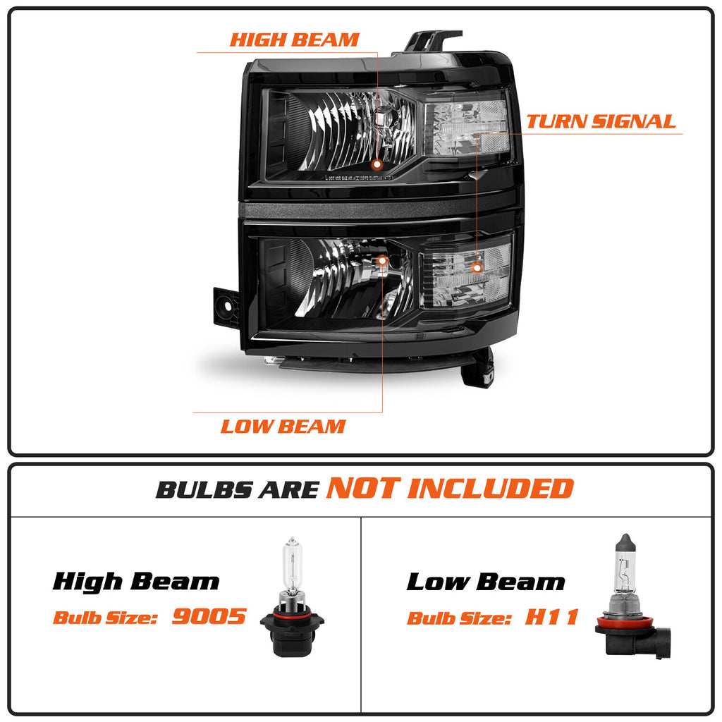 Black Headlights For 2014-2015 Chevy Silverado 1500 Pickup Headlamps