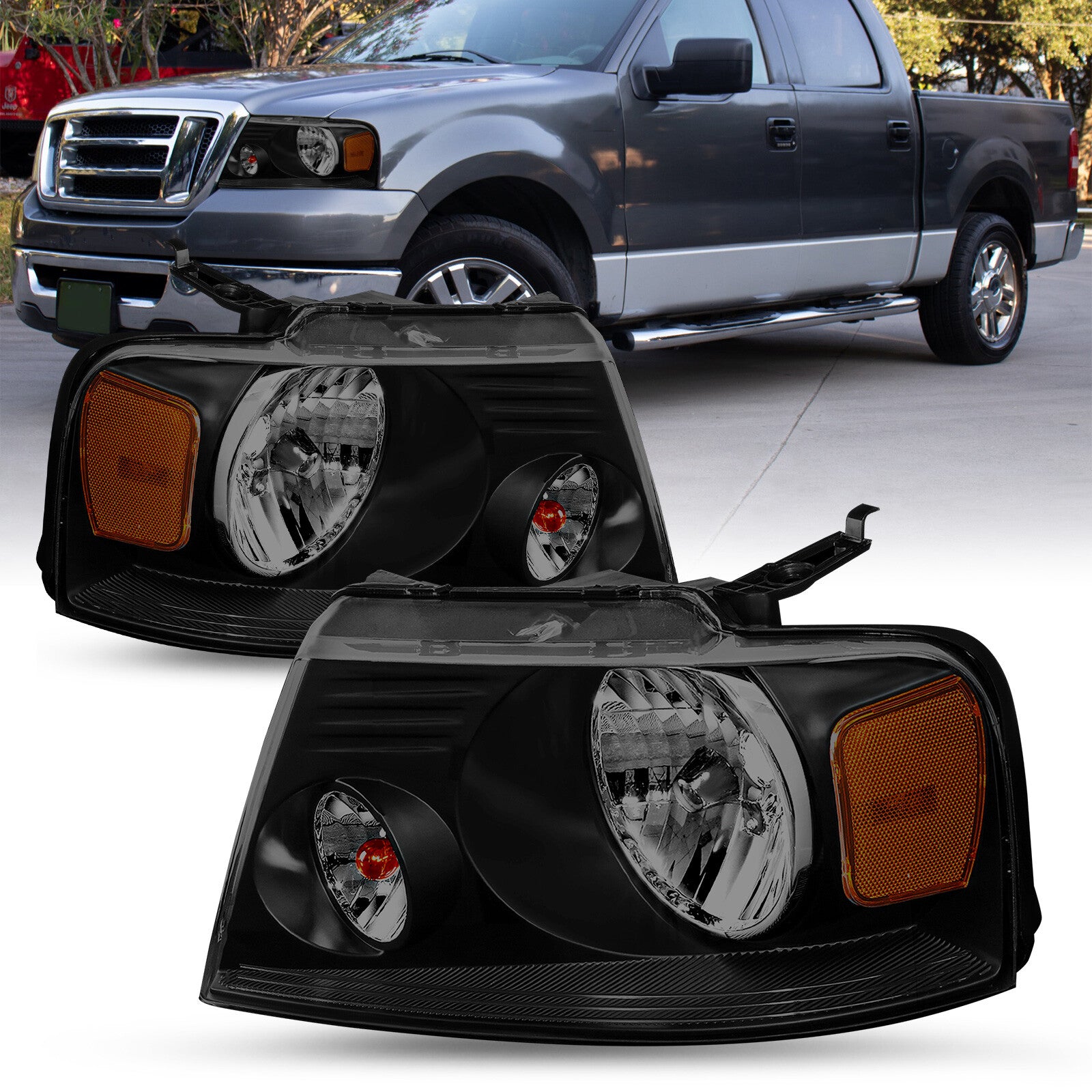 For 2004-2008 Ford F150 Black Housing Smoke Lens Headlights Lamps LH+RH