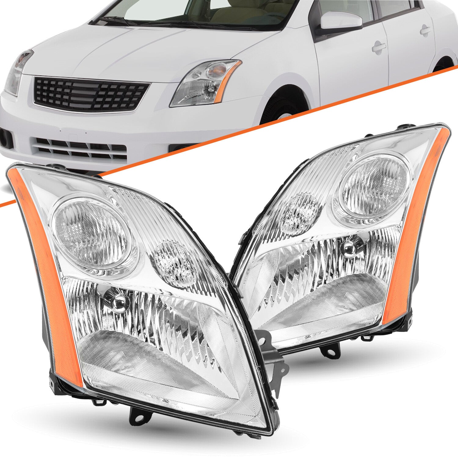 For 2007 2008 2009 Nissan Sentra Chrome Housing Amber Corner Headlight Lamps L+R