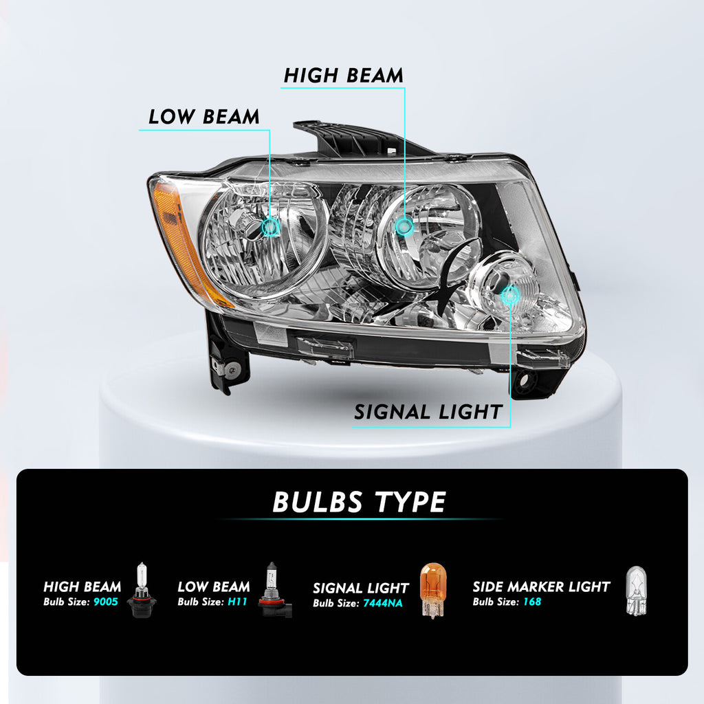 Halogen Left+Right For 11-13 Jeep Grand Cherokee 11-17 Compass Headlight Chrome