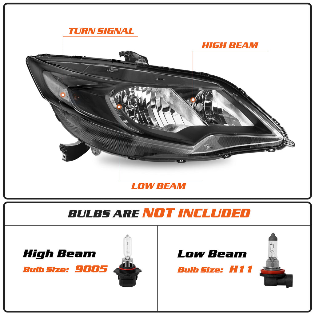 For 2014-2015 Honda Civic Coupe 2Dr Halogen Black Clear Headlights Pair