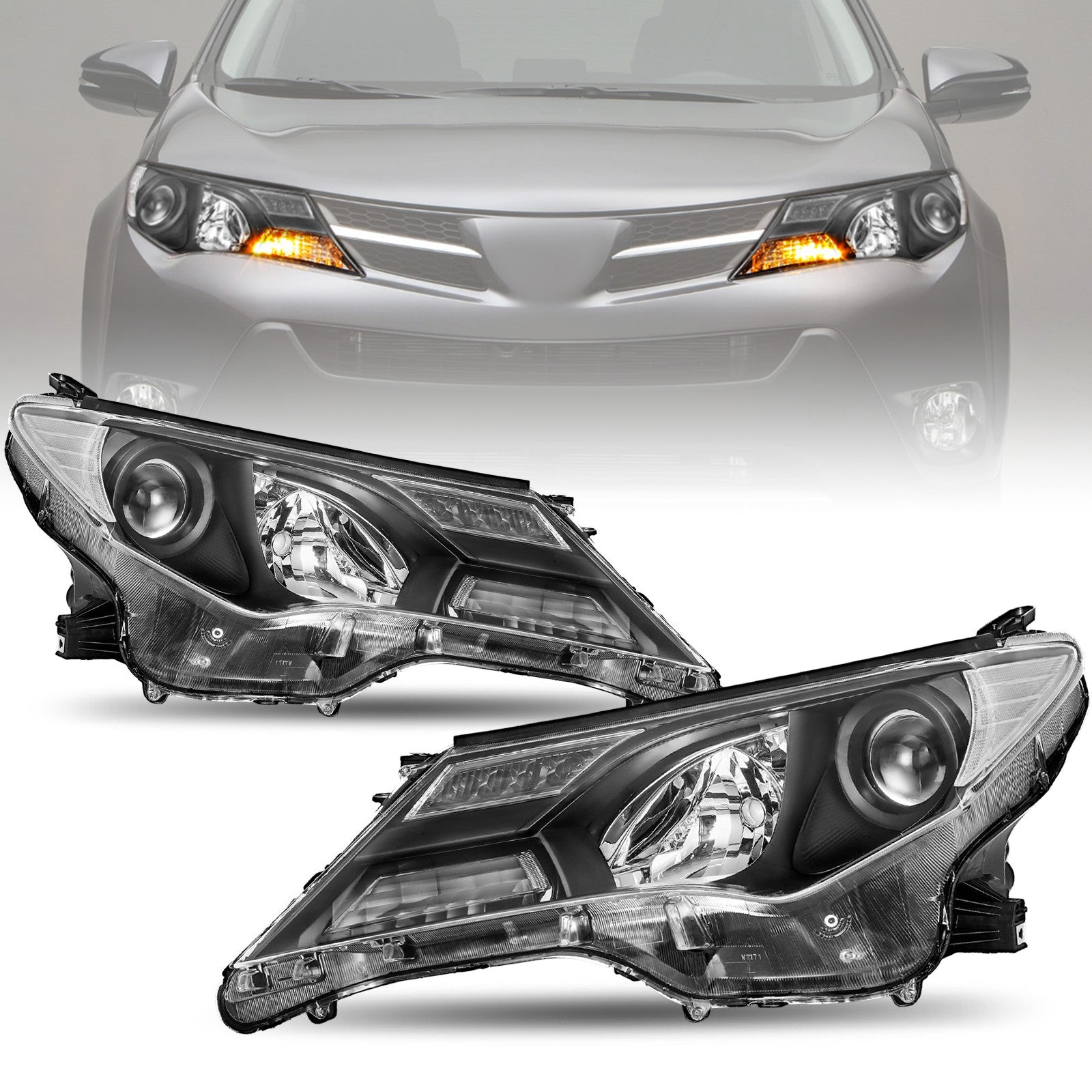 For 2013 2014 2015 Toyota RAV4 RAV-4 Black Clear Headlight Assembly Pair Set
