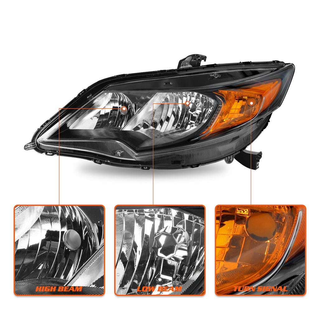 For 2014-2015 Honda Civic Coupe 2Dr Black Amber Halogen Headlight