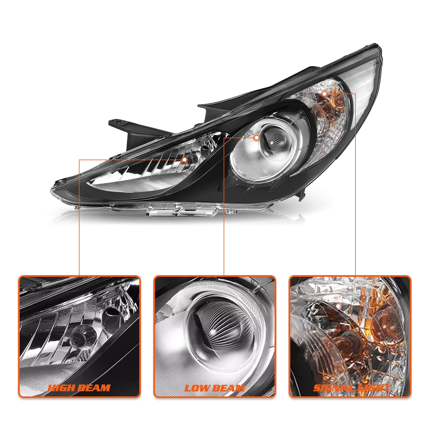 For Hyundai Sonata 2011-2014 Black Project Housing Clear Headlamps Headlights