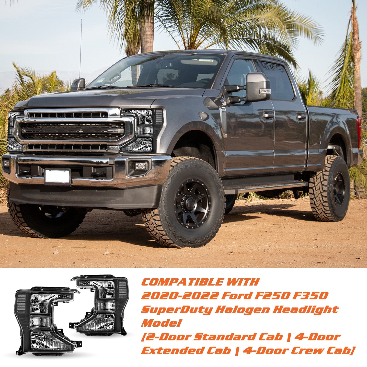 Halogen Headlights Black Left+Right For 2020-2022 Ford F250 F350 SuperDuty