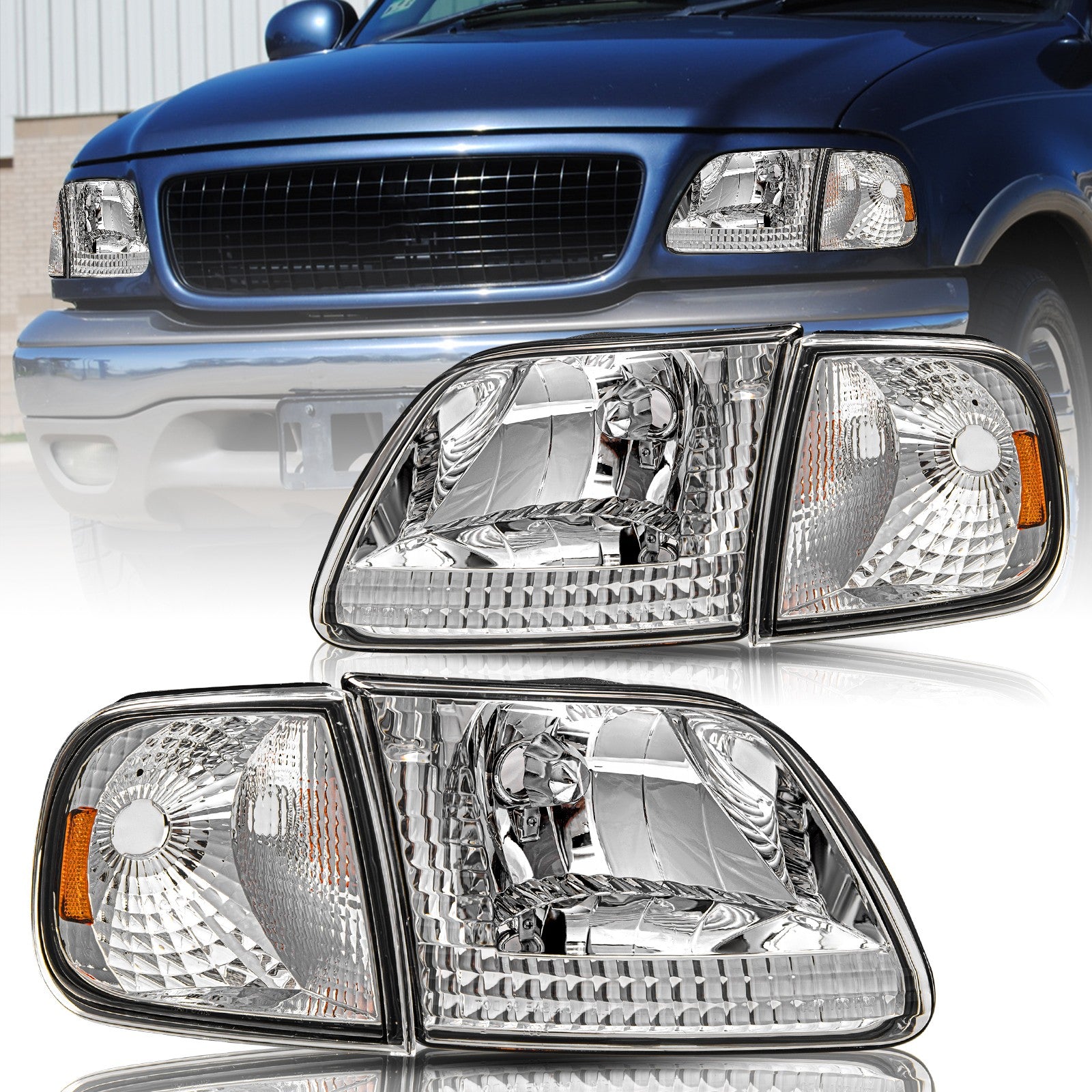 Headlights Pair Chrome w/Amber Corner For 1997-2003 Ford F150/97-02 Expedition