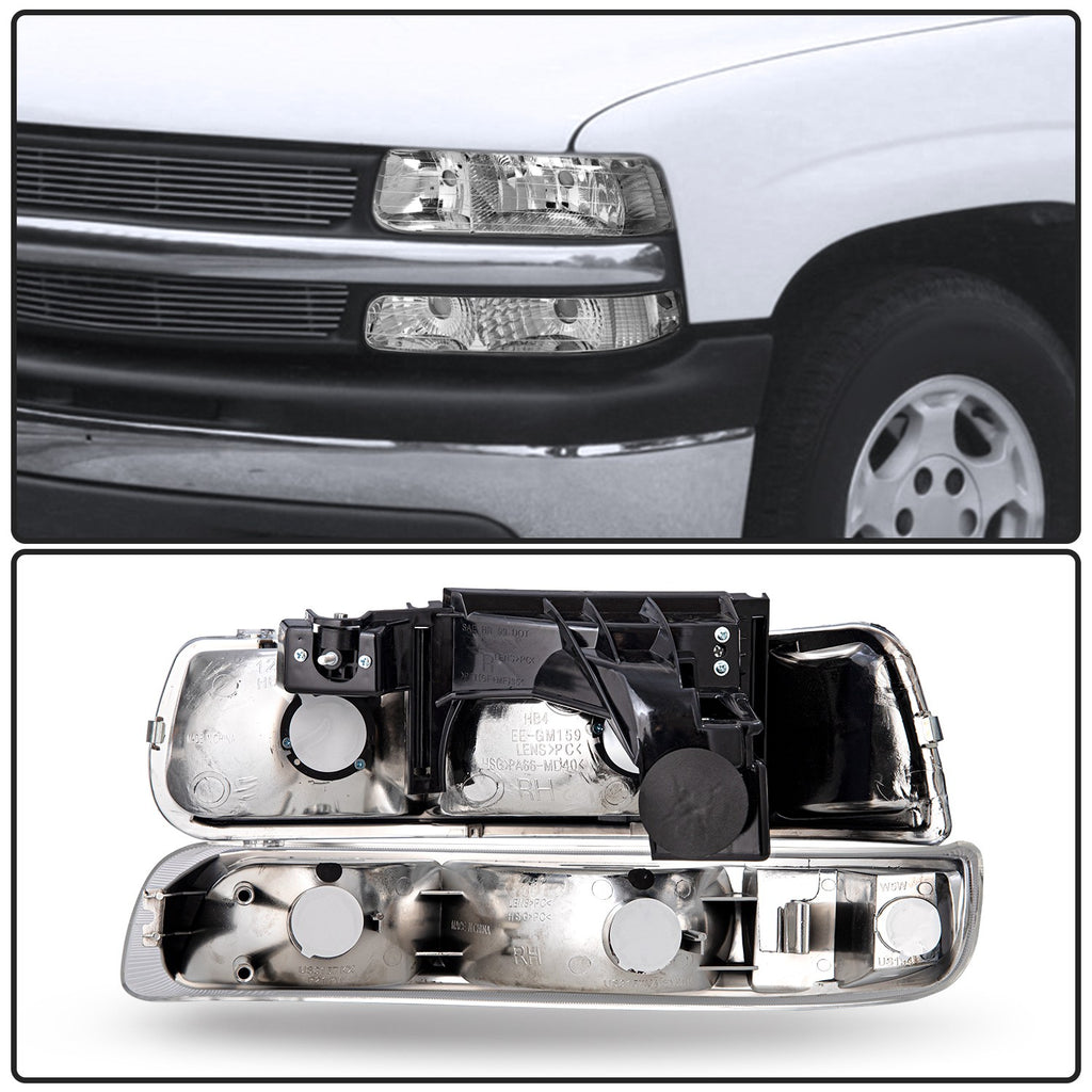 Chrome Headlights For 99-02 Chevy Silverado 00-06 Suburban Tahoe Bumper Lamps