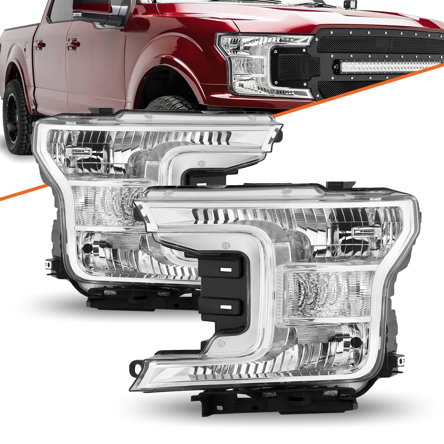 Chrome Clear Headlights Pair Lamps for 2018 2019 2020 Ford F150 Pickup Truck