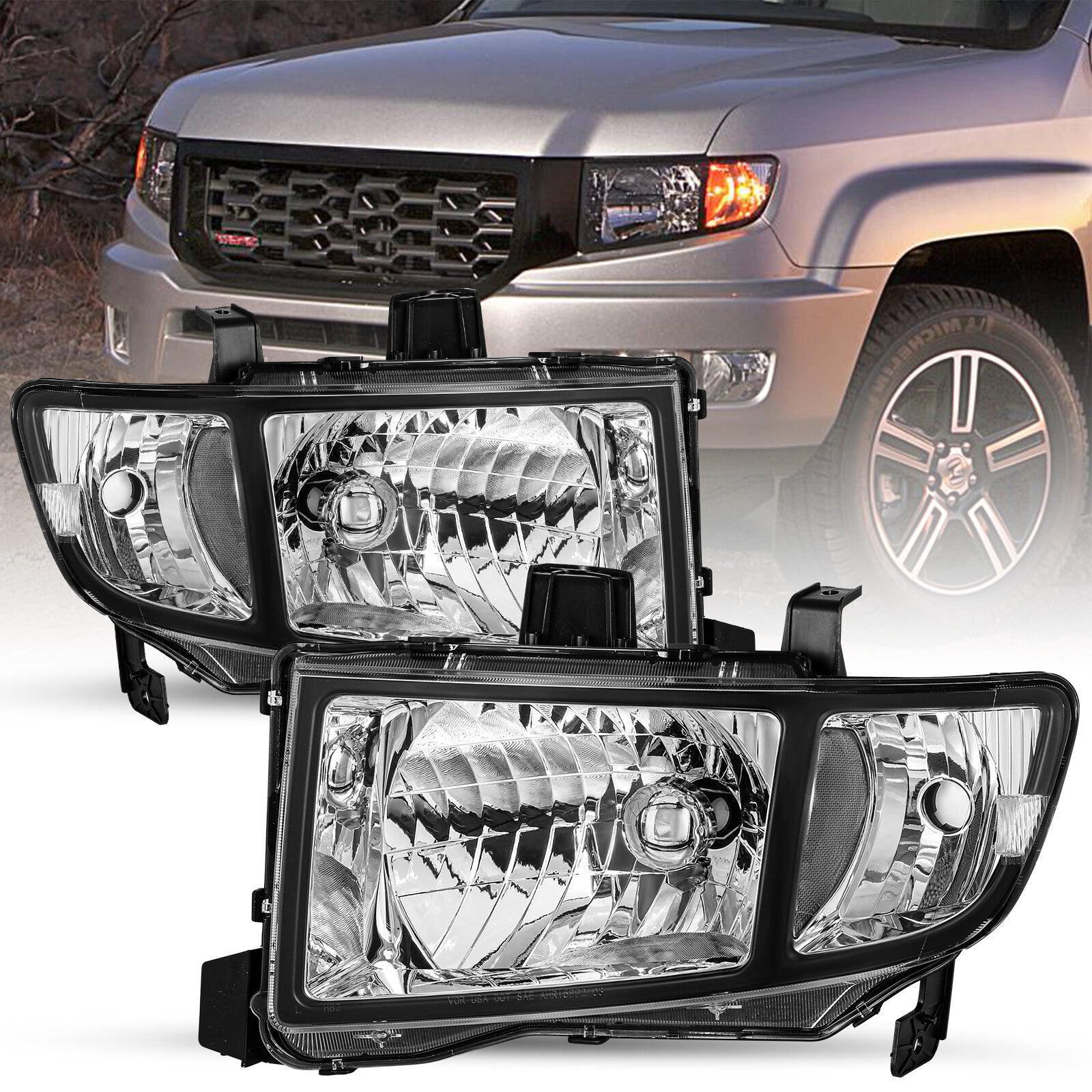 For 2006-2014 Honda Ridgeline Black Clear Headlights Headlamps Pair 06-14