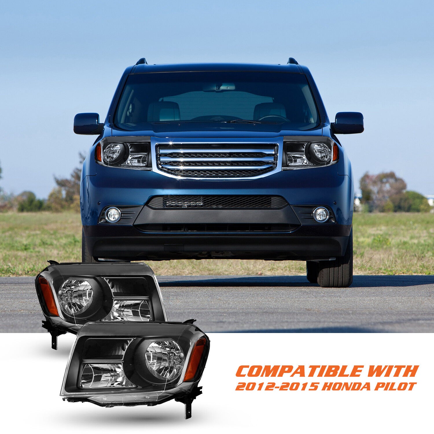 For 2012 2013 2014 2015 Honda Pilot Halogen Black Headlights Assembly Lamps L+R