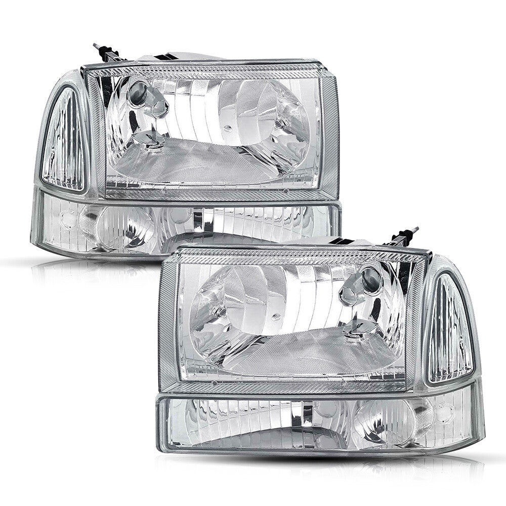 CHROME HOUSING CLEAR CORNER HEADLIGHT LAMPS FOR 99-04 FORD F250 F350 SUPER DUTY